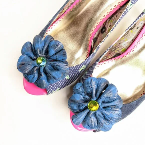 Poetic License Navy Floral Heel Womens 7.5 Peep Toe Suede Retro Party Pumps - Picture 3 of 8